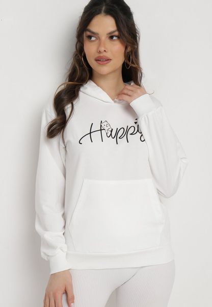 Biała Bluza z Kapturem Napisem i Kangurkową Kieszenią Adrippa. Białe bluzy Born2be, l, bez wzorów, z kapturem. Za 39.99 zł.