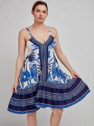 Gisela Sukienka w kolorze granatowo-białym rozmiar: M. Niebieskie sukienki gisela, m, bez wzorów, z wiskozy, bez kołnierzyka, bez ramiączek, midi. Za 85.95 zł.
