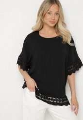 Czarna Bluzka z Ażurowymi Wstawkami Vozenia. Czarne bluzki Born2be, xl, w ażurowe wzory, z jeansu, eleganckie, bez kołnierzyka, bez ramiączek. W wyprzedaży za 67.99 zł.