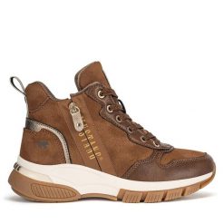 Botki Mustang. Brązowe botki Mustang, bez wzorów, bez obcasa, na płaskiej podeszwie, bez zapięcia. Za 349.99 zł.