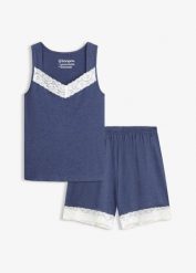 Bawełniana piżama z krótkimi spodenkami. Niebieskie piżamy bonprix, bez wzorów, z bawełny, bez ramiączek. Za 74.99 zł.