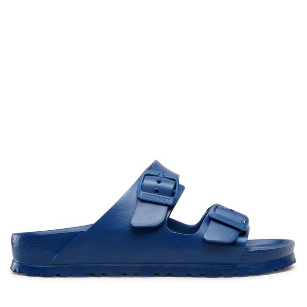 Klapki Birkenstock. Niebieskie klapki Birkenstock, bez wzorów, bez obcasa. Za 189.99 zł.