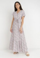 Biało-Różowa Sukienka z Wiskozy Althis. Białe sukienki Born2be, m, bez wzorów, z materiału, bez kołnierzyka, bez ramiączek, maxi, kopertowe. Za 29.99 zł.