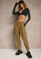 Zielone Spodnie Cargo z Bawełną High Waist Kolanielis. Zielone spodnie materiałowe Renee, na co dzień, m, bez wzorów, z bawełny, z podwyższonym stanem. Za 44.99 zł.