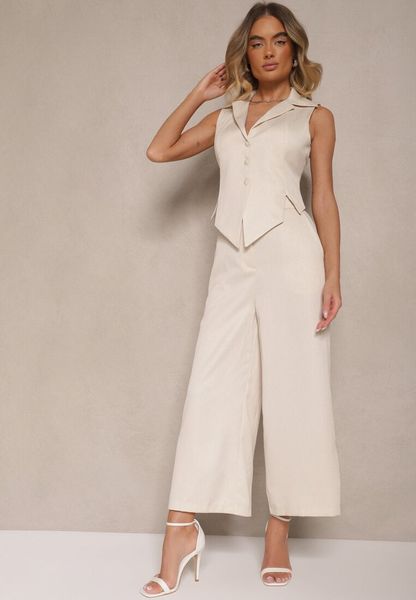 Beżowe Garniturowe Spodnie o Fasonie Culottes Adeana. Brązowe spodnie materiałowe Renee, na co dzień, m, bez wzorów, z jeansu. Za 129.99 zł.