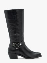 Czarne kozaki biker ze skóry licowej. Czarne kozaki Ryłko, ze skóry, bez obcasa, na obcasie, bez zapięcia. Za 649.99 zł.
