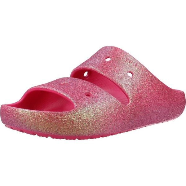 Sandały CROCS CLASSIC IRIDESCENT GLTTR Rose. Czerwone sandały Crocs, bez wzorów, z gumy, bez obcasa, bez zapięcia. Za 198.99 zł.
