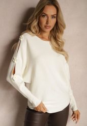 Jasnobeżowy Sweter z Wiskozą Ozdobiony Wycięciami na Rękawach Evathia. Brązowe swetry Renee, z aplikacjami, z jeansu, bez ramiączek. Za 79.99 zł.