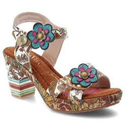 Sandały damskie Laura Vita, cholewka skóra naturalna kolorowy wzór kwiatowe aplikacje regulowany pasek zapięcie na rzep stabilny obcas, brązowe, Nell. Brązowe sandały Laura Vita, z aplikacjami, ze skóry, bez obcasa, na obcasie, bez zapięcia. Za 349.00 zł.