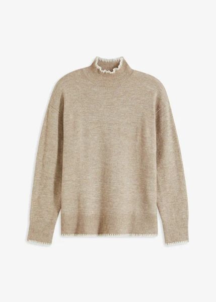 Sweter ze stójką. Brązowe swetry bonprix, bez wzorów, bez ramiączek. Za 114.99 zł.
