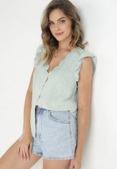 Zielona Bluzka Top z Tkaniny Plumeti z Falbankami przy Ramionach Fatalie. Zielone bluzki Born2be, m, bez wzorów, z tkaniny, bez kołnierzyka, bez ramiączek. Za 49.99 zł.
