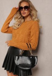 Brązowy Warkoczowy Sweter z Długim Rękawem i Ściągaczami Kaviss. Brązowe swetry Renee, bez wzorów, z dzianiny, bez ramiączek. Za 99.99 zł.