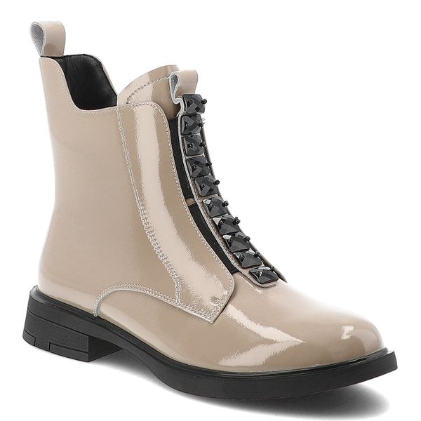 Botki damskie S. Barski, lakierowane skórzane na płaskim obcasie i zapinane na zamek, beżowe, MR52-108. Brązowe botki S.BARSKI, na zimę, bez wzorów, z gumy, bez obcasa, na płaskiej podeszwie, bez zapięcia. Za 269.00 zł.