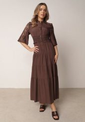 Brązowa Rozkloszowana Sukienka Boho z Wiskozą Zdobiona Ażurowymi Wstawkami Islae. Brązowe sukienki Born2be, do pracy, l, z aplikacjami, z tkaniny, biznesowe, bez kołnierzyka, bez ramiączek, maxi, proste. Za 199.99 zł.