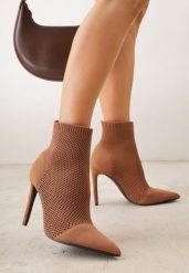 Brązowe Botki VICES na Szpilce z Elastyczną Dzianinową Cholewką Dedanna. Brązowe botki Renee, bez wzorów, z dzianiny, bez obcasa, na obcasie, bez zapięcia. Za 159.99 zł.