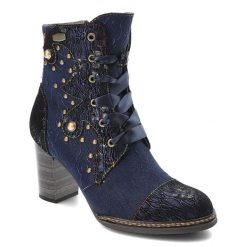 Niebieskie Botki Laura Vita Eleganckie Obuwie Damskie Premium. Niebieskie botki Laura Vita, z aplikacjami, z satyny, bez obcasa, na obcasie, bez zapięcia. Za 399.00 zł.