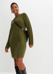 Sukienka dzianinowa. Zielone sukienki bonprix, bez wzorów, z dzianiny, bez kołnierzyka, bez ramiączek, midi. Za 124.99 zł.