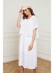 Fleur de Lin Lniana sukienka "Equanone" w kolorze białym rozmiar: L. Białe sukienki Fleur de Lin, l, bez wzorów, ze lnu, bez kołnierzyka, bez ramiączek, midi. Za 251.53 zł.