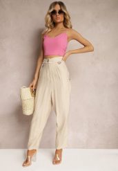 Beżowe Spodnie Typu High Waist Ozdobione Cyrkoniami Sajara. Brązowe spodnie materiałowe Renee, na co dzień, l, bez wzorów, z jeansu, z podwyższonym stanem. Za 89.99 zł.