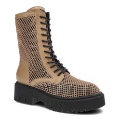 Botki damskie Chebello, naturalna skóra licowa w połączeniu z perforowanym materiałem z wysoką sznurowaną cholewką oraz masywną podeszwą, beżowe, 279. Brązowe botki CheBello, bez wzorów, ze skóry, bez obcasa, na obcasie, bez zapięcia. Za 379.00 zł.