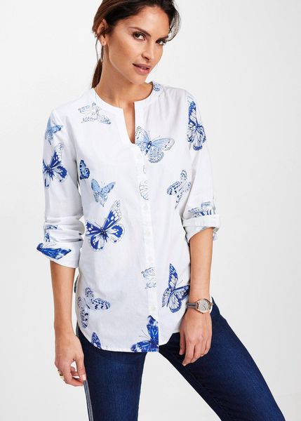 Bluzka z wiskozy z nadrukiem. Białe bluzki bonprix, bez wzorów, z wiskozy, eleganckie, bez kołnierzyka, bez ramiączek. Za 122.99 zł.