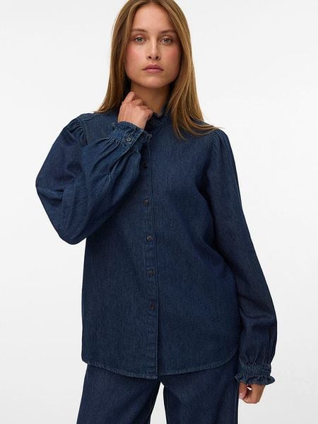 Vero Moda Bluzka dżinsowa w kolorze granatowym rozmiar: L. Niebieskie bluzki Vero Moda, l, bez wzorów, z bawełny, bez kołnierzyka, bez ramiączek. Za 81.95 zł.