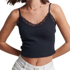 Koszulka turystyczna damska Superdry Vintage Rib Lave Top. Niebieskie bluzki Superdry, bez wzorów, z bawełny, sportowe, bez kołnierzyka, bez ramiączek. W wyprzedaży za 64.00 zł.