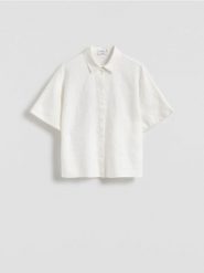 Lniana koszula z krótkimi rękawami - biały. Białe koszule Reserved, l, bez wzorów, bez kołnierzyka, bez ramiączek. Za 139.99 zł.