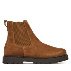Sztyblety Birkenstock. Brązowe botki Birkenstock, bez wzorów, bez obcasa, na płaskiej podeszwie, bez zapięcia. Za 859.99 zł.