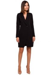 Czarna Elegancka Żakietowa Sukienka na Jeden Guzik. Czarne sukienki MOE, l, bez wzorów, z elastanu, eleganckie, bez kołnierzyka, bez ramiączek. Za 273.90 zł.