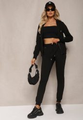 Czarny Komplet Dresowy Zasuwana Bluza z Kapturem i Proste Spodnie Junine. Czarne bluzy Renee, l, bez wzorów, z dresówki, z kapturem. Za 119.99 zł.