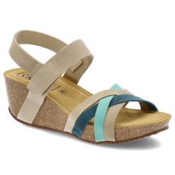 Sandały damskie HEE, skórzane na korkowej podeszwie na koturnie na rzepy, jeansowe, 25012. Brązowe sandały Hee, bez wzorów, z jeansu, wakacyjne, bez obcasa, na koturnie, bez zapięcia. Za 249.00 zł.