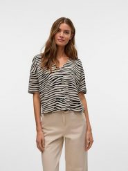 Vero Moda Koszulka w kolorze czarno-beżowym rozmiar: L. Brązowe bluzki Vero Moda, l, bez wzorów, z wiskozy, klasyczne, bez kołnierzyka, bez ramiączek. Za 110.55 zł.