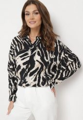 Czarno-Beżowa Wiskozowa Koszula Oversize z Długim Rękawem i Nadrukiem z Paskami Biwina. Brązowe koszule Born2be, bez wzorów, z wiskozy, wizytowe, bez kołnierzyka, bez ramiączek. Za 69.99 zł.