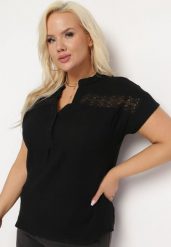 Czarna Bawełniana Bluzka z Guzikami i Ozdobną Siateczką Doriale. Czarne bluzki Born2be, l, bez wzorów, z bawełny, klasyczne, bez kołnierzyka, bez ramiączek. W wyprzedaży za 59.99 zł.