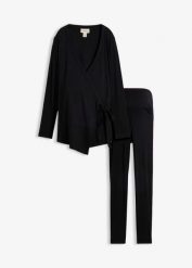 Bluzka ciążowa o kopertowym kroju i wygodne legginsy (komplet 2-cz.). Czarne legginsy bonprix, bez wzorów, z dżerseju, długie. Za 149.99 zł.