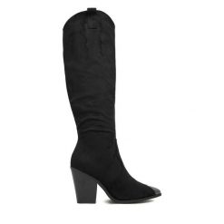 Kowbojki DeeZee. Czarne kozaki DeeZee, bez obcasa, na słupku, bez zapięcia. Za 249.99 zł.
