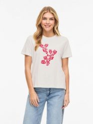 Vila Koszulka "Visybilla" w kolorze biało-czerwonym rozmiar: L. Białe bluzki Vila, l, bez wzorów, z bawełny, bez kołnierzyka, bez ramiączek. Za 65.38 zł.