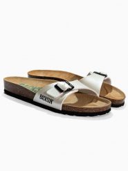 BACKSUN Skórzane klapki "Paris" w kolorze kremowym rozmiar: 36. Brązowe klapki Backsun, bez wzorów, z materiału, z otwartym noskiem, bez obcasa. Za 117.99 zł.