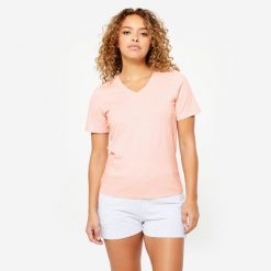 Koszulka z krótkim rękawem damska Domyos Gym & Pilates. Czerwone bluzki NYAMBA, xl, bez wzorów, z bawełny, sportowe, bez kołnierzyka, bez ramiączek. Za 39.99 zł.