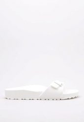 Klapki damskie Birkenstock Eva Madrid. Białe klapki Birkenstock, bez wzorów, z materiału, bez obcasa. Za 275.00 zł.