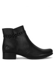 Rieker Botki 78676-00 Czarny. Czarne botki Rieker, bez wzorów, ze skóry, bez obcasa, na słupku, bez zapięcia. Za 389.99 zł.