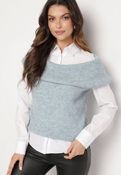 Niebieska Dzianinowa Bluzka Top z Hiszpańskim Dekoltem z Wełną Inathiel. Niebieskie swetry Born2be, m, bez wzorów, z dzianiny, bez ramiączek. Za 59.99 zł.