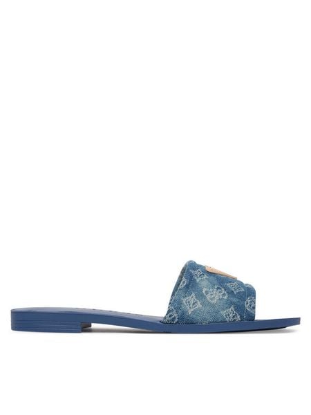 Guess Klapki FLJELS DEN03 Niebieski. Niebieskie klapki Guess, z aplikacjami, z materiału, bez obcasa. Za 162.99 zł.