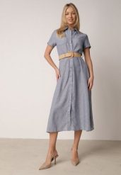 Niebieska Sukienka Koszulowa z Krótkim Rękawem i Paskiem z Klamrą Orethea. Niebieskie sukienki Born2be, na co dzień, l, bez wzorów, eleganckie, bez kołnierzyka, bez ramiączek, mini, koszulowe. Za 129.99 zł.