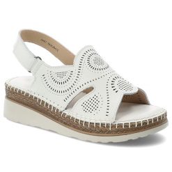 Sandały damskie S.Barski, cholewka ze skóry naturalnej licowej z perforacją z zapięciem na rzep, białe, GR61-5916. Białe sandały S.BARSKI, w ażurowe wzory, ze skóry, eleganckie, bez obcasa, na koturnie, bez zapięcia. Za 189.00 zł.