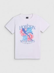 4F T-shirt regular z nadrukiem damski - biały M. Białe t-shirty 4f, m, bez wzorów, z bawełny, bez kołnierzyka, bez ramiączek. Za 59.99 zł.