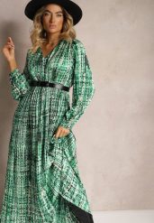 Zielona Plisowana Sukienka Maxi Ozdobiona Wzorem w Tweedowym Stylu Juvioa. Zielone sukienki Renee, na co dzień, l, bez wzorów, bez kołnierzyka, bez ramiączek, maxi, oversize. Za 139.99 zł.