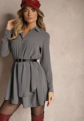 Szara Koszulowa Sukienka o Asymetrycznym Rozkloszowanym Kroju z Gumką w Talii Eloriana. Szare sukienki Renee, na co dzień, bez wzorów, eleganckie, z asymetrycznym kołnierzem, bez ramiączek, mini, asymetryczne. Za 59.99 zł.