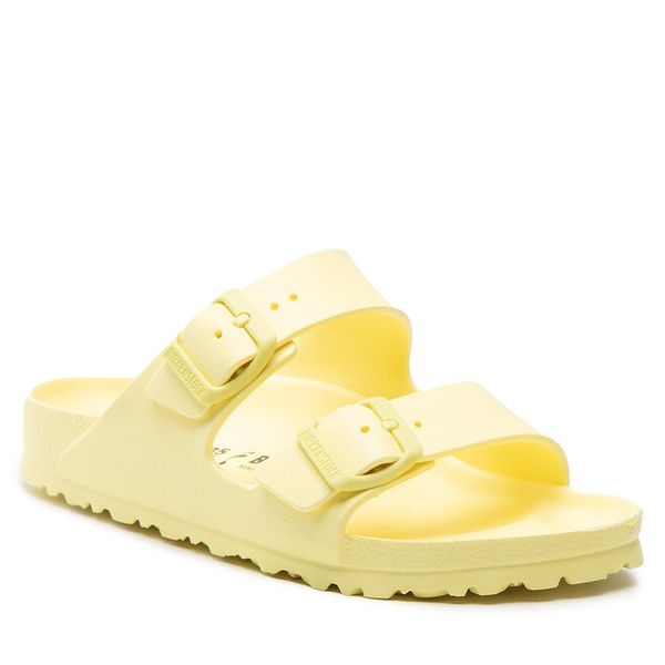 Klapki Birkenstock. Żółte klapki Birkenstock, bez wzorów, bez obcasa. Za 249.99 zł.